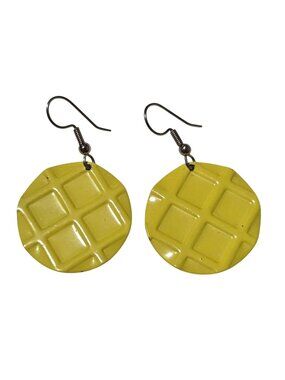 Vintage Dangle Earrings Yellow Waffle Pattern Retro Fun Design Fashion Jewelry